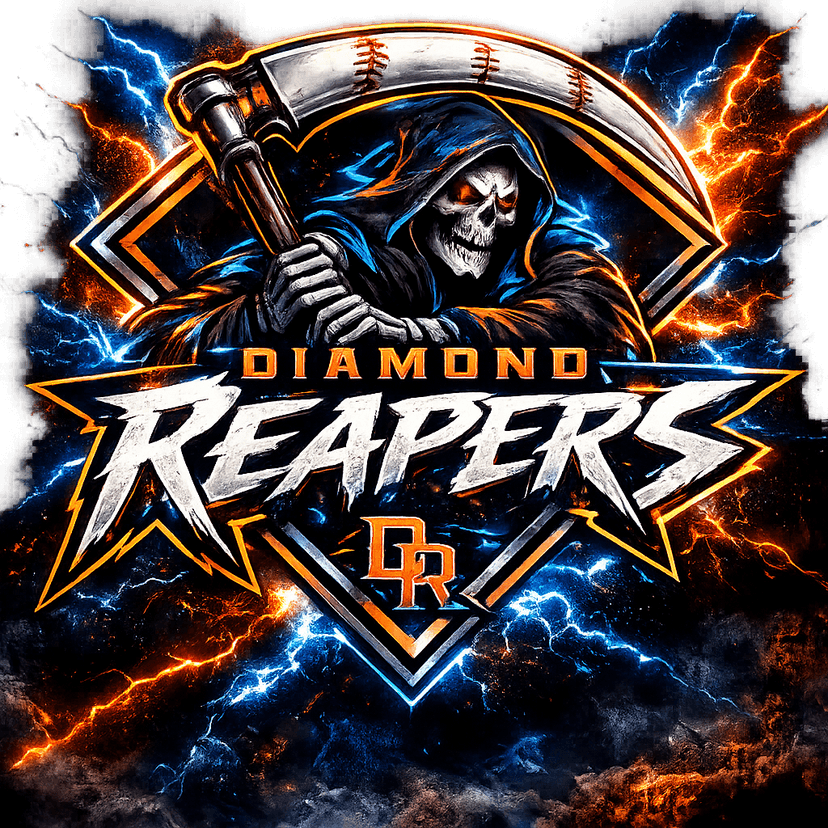 Utah Diamond Reapers logo: a hooded grim reaper holding a baseball-stitched scythe over a diamond, above the DIAMOND REAPERS wordmark and DR monogram