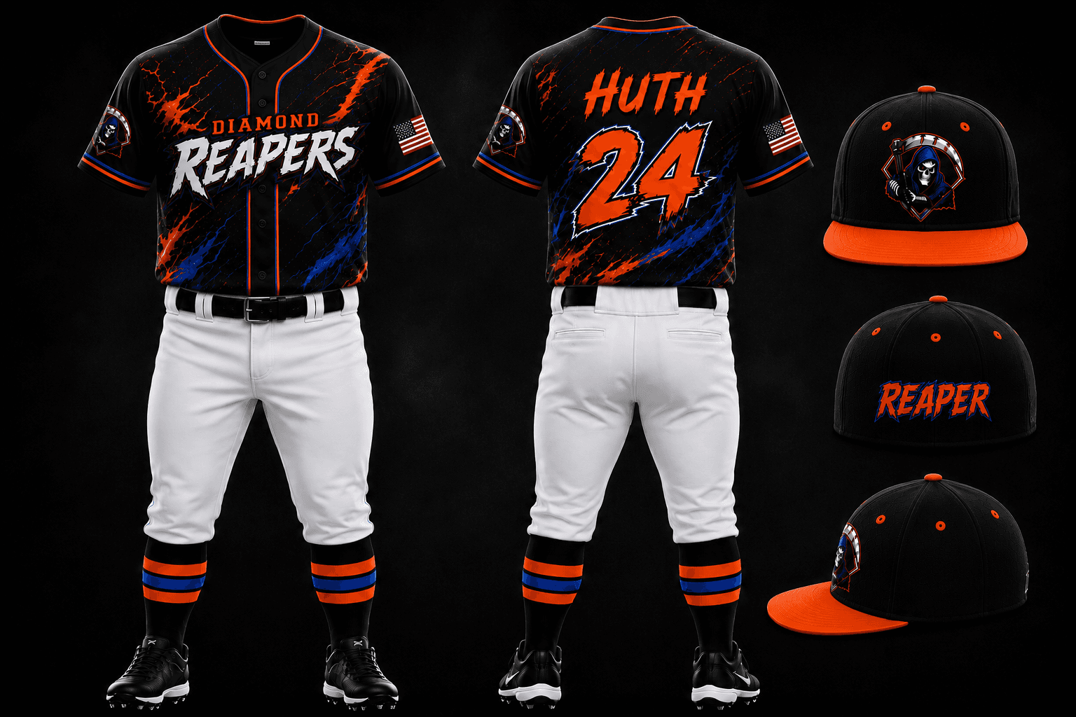 Black Diamond Reapers home game jersey with orange and blue lightning accents, shown front and back with HUTH and number 24, alongside the fitted black and orange hats
